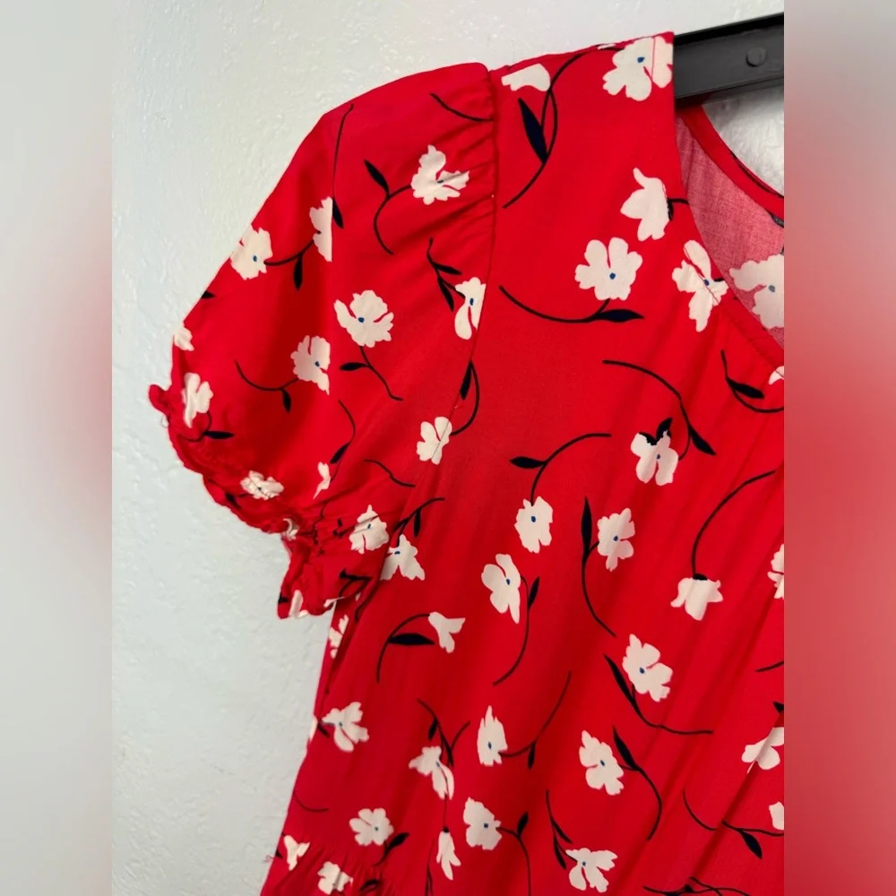 J. Crew Red Orange Floral Puff Sleeve Tiered Midi Dress sz.XS